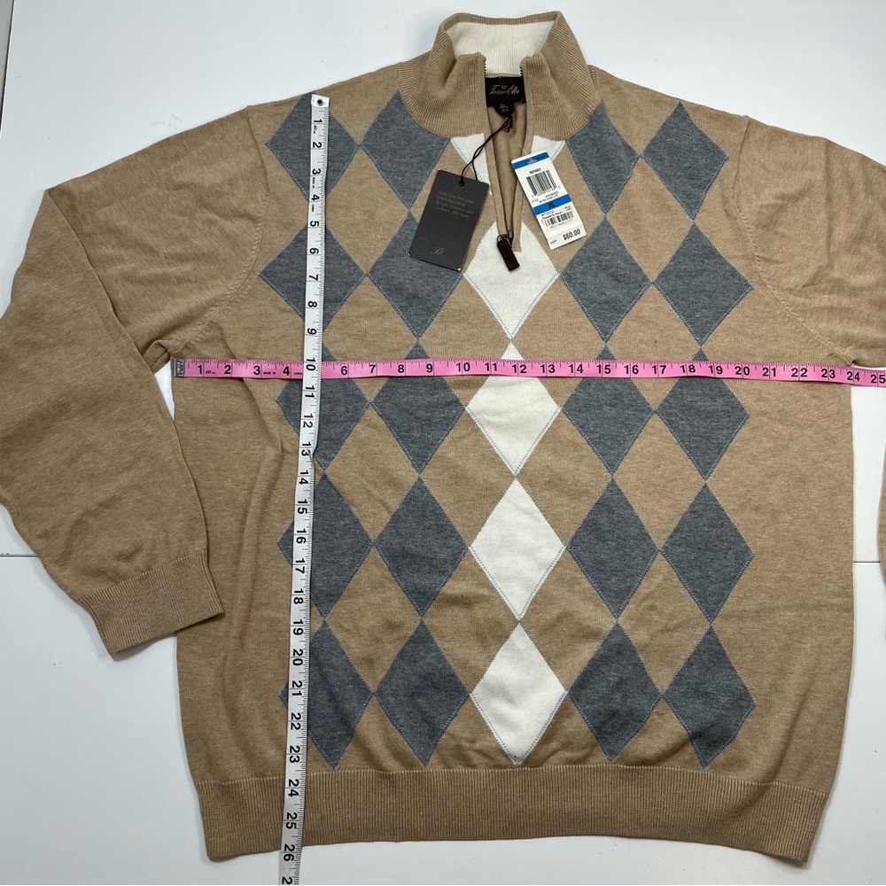 NEW 100% Cotton Tasso Elba Blue Brown Argyle Quarter Zip Sweater Size XL - Picture 2 of 5